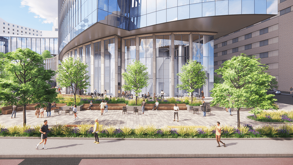 An exterior rendering from 5th Avenue of the UPMC Presbyterian expansion.